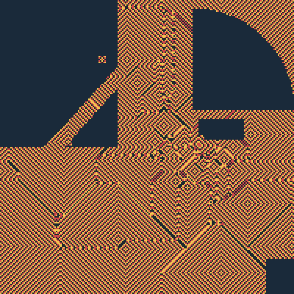 Tokyo CA at tick 160 — Voronoi tessellation visible as bright yellow ridges crossing the field